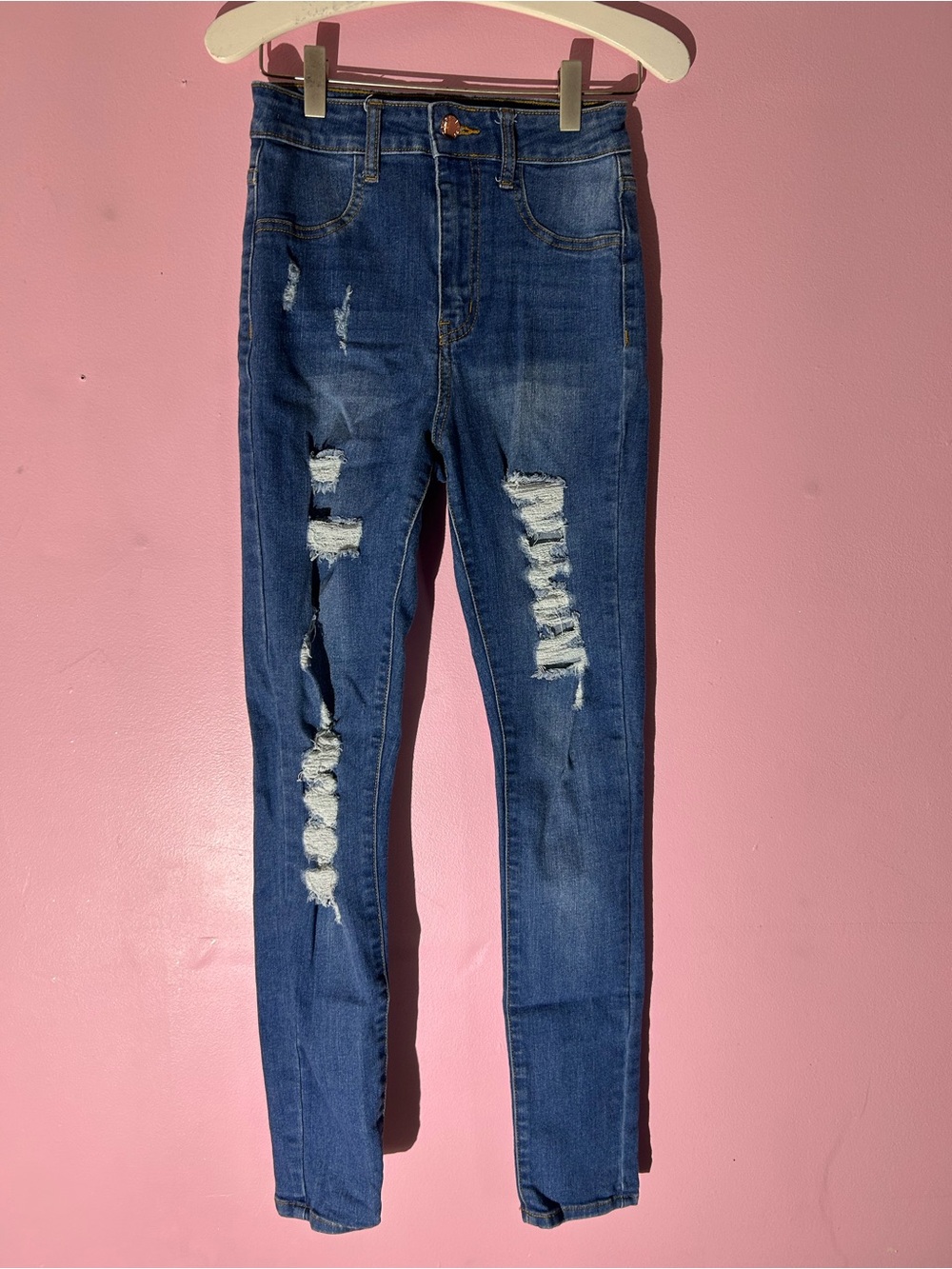 Forever 21 Ripped Dark Blue High-Rise Skinny Jeans